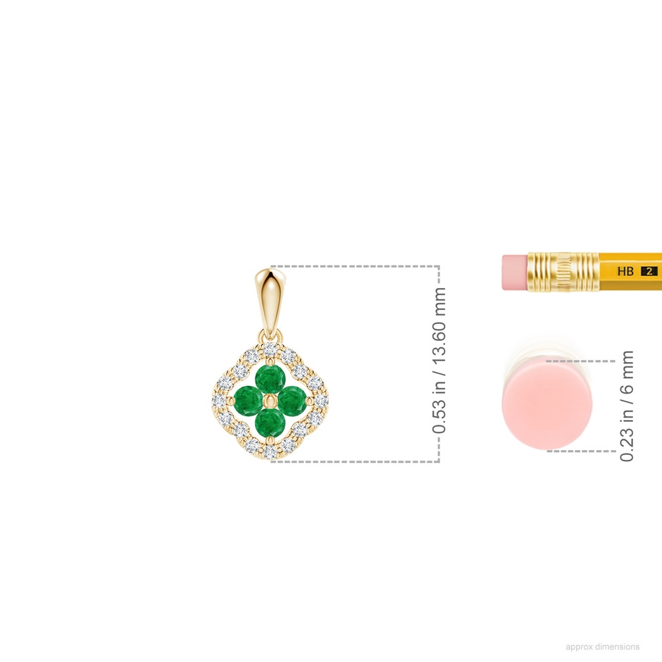 2mm AA Diamond Framed Emerald Clover Pendant in Yellow Gold ruler