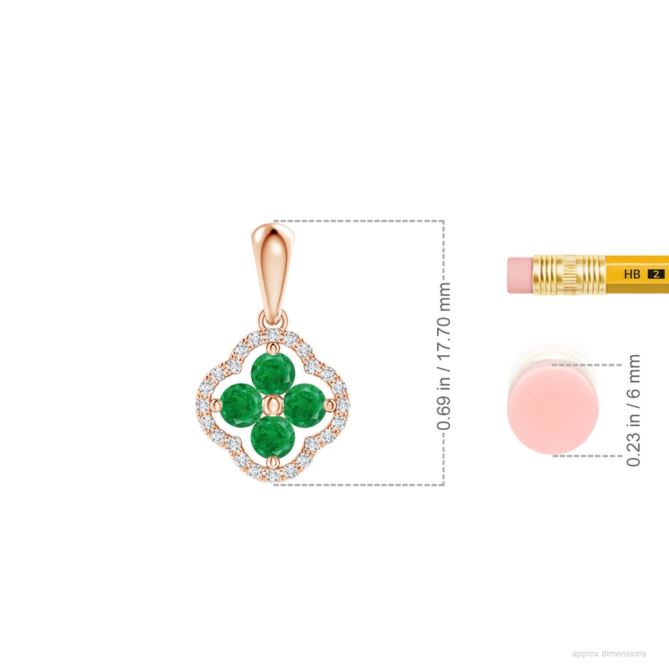 3mm AA Diamond Framed Emerald Clover Pendant in Rose Gold ruler