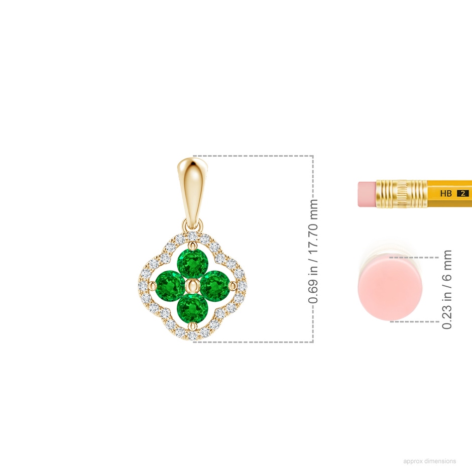 3mm AAAA Diamond Framed Emerald Clover Pendant in Yellow Gold ruler