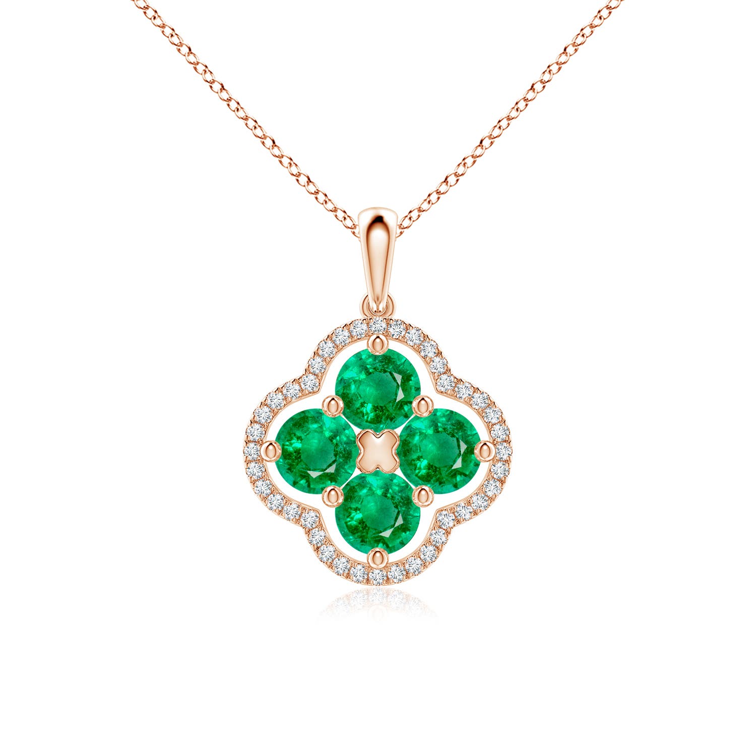 4.5mm AAA Diamond Framed Emerald Clover Pendant in 18K Rose Gold