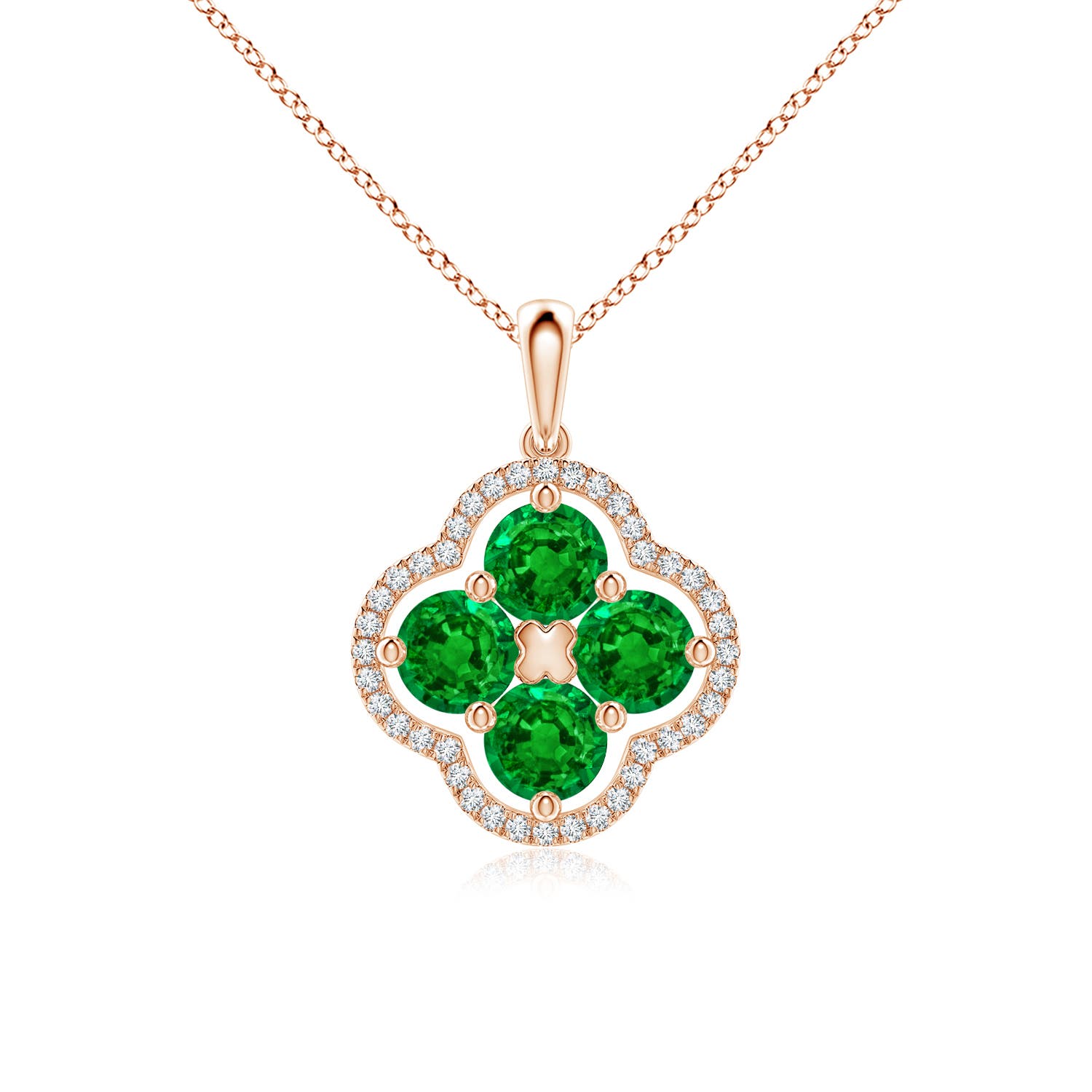 4.5mm AAAA Diamond Framed Emerald Clover Pendant in 18K Rose Gold