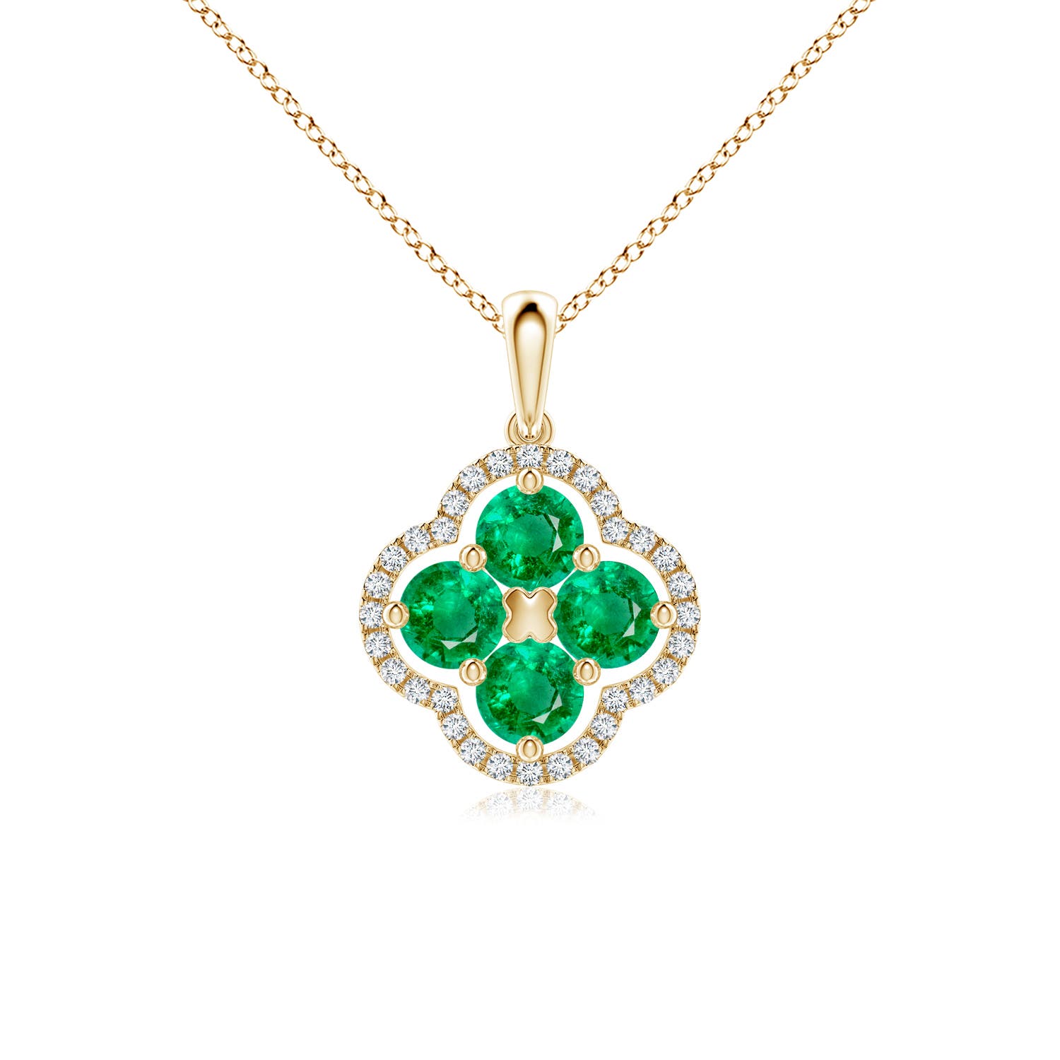 4mm AAA Diamond Framed Emerald Clover Pendant in Yellow Gold
