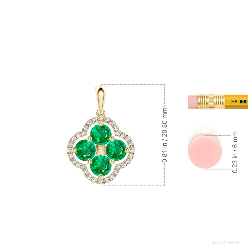 4mm AAA Diamond Framed Emerald Clover Pendant in Yellow Gold ruler