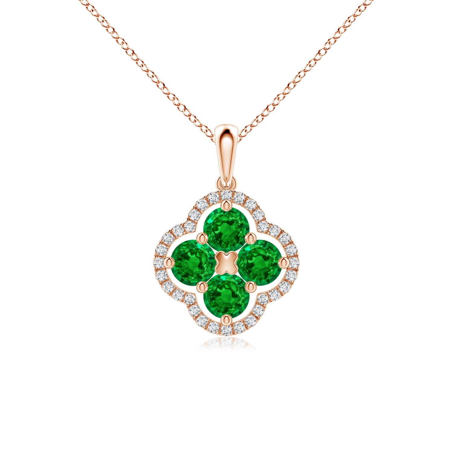 4mm AAAA Diamond Framed Emerald Clover Pendant in 18CT Rose Gold