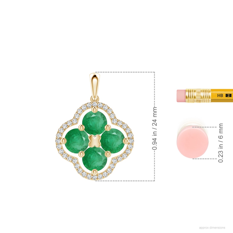 5mm A Diamond Framed Emerald Clover Pendant in Yellow Gold ruler