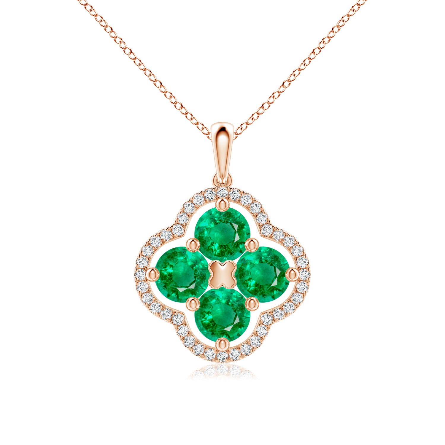 5mm AAA Diamond Framed Emerald Clover Pendant in Rose Gold