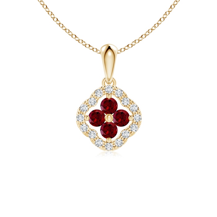 2mm AAA Diamond Framed Garnet Clover Pendant in Yellow Gold 
