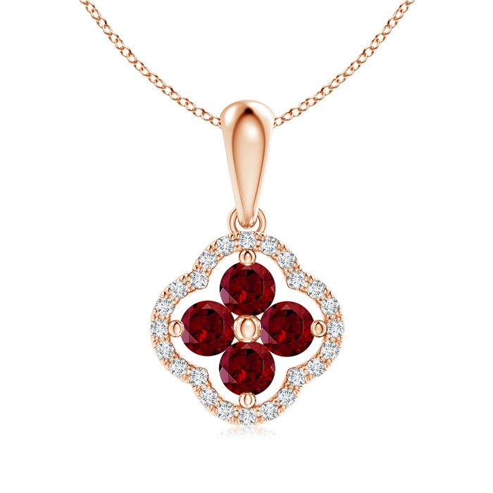3mm AAA Diamond Framed Garnet Clover Pendant in Rose Gold 