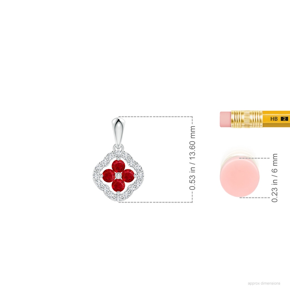 2mm AAA Diamond Framed Ruby Clover Pendant in White Gold ruler