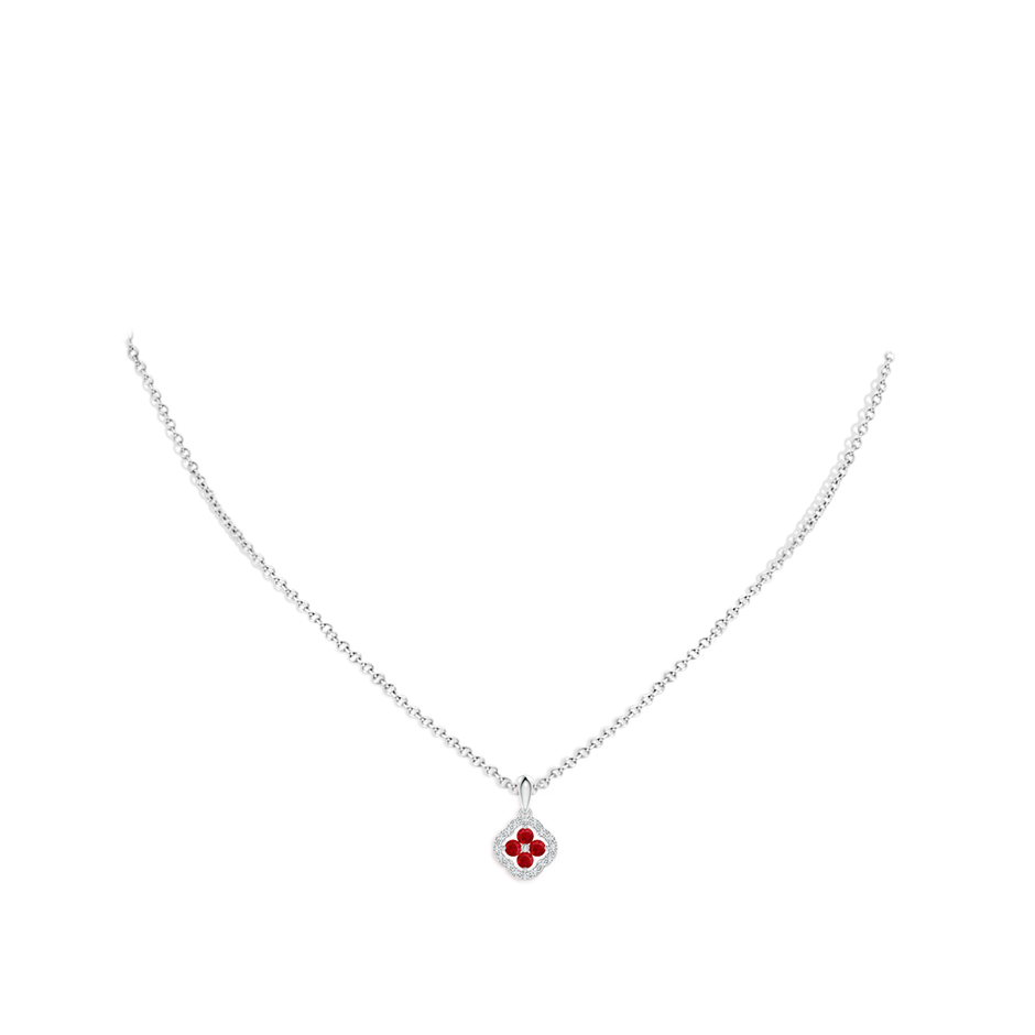 2mm AAA Diamond Framed Ruby Clover Pendant in White Gold pen