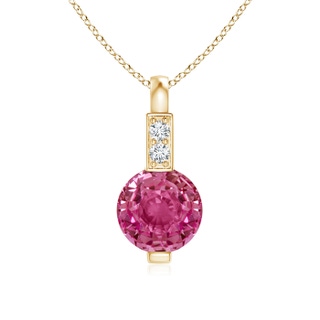 5mm AAAA Round Pink Sapphire Solitaire Pendant with Diamond Bale in Yellow Gold