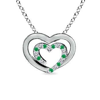 1.2mm AA Diamond and Emerald Double Heart Necklace in White Gold 