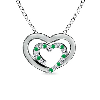 1.2mm AA Diamond and Emerald Double Heart Necklace in White Gold