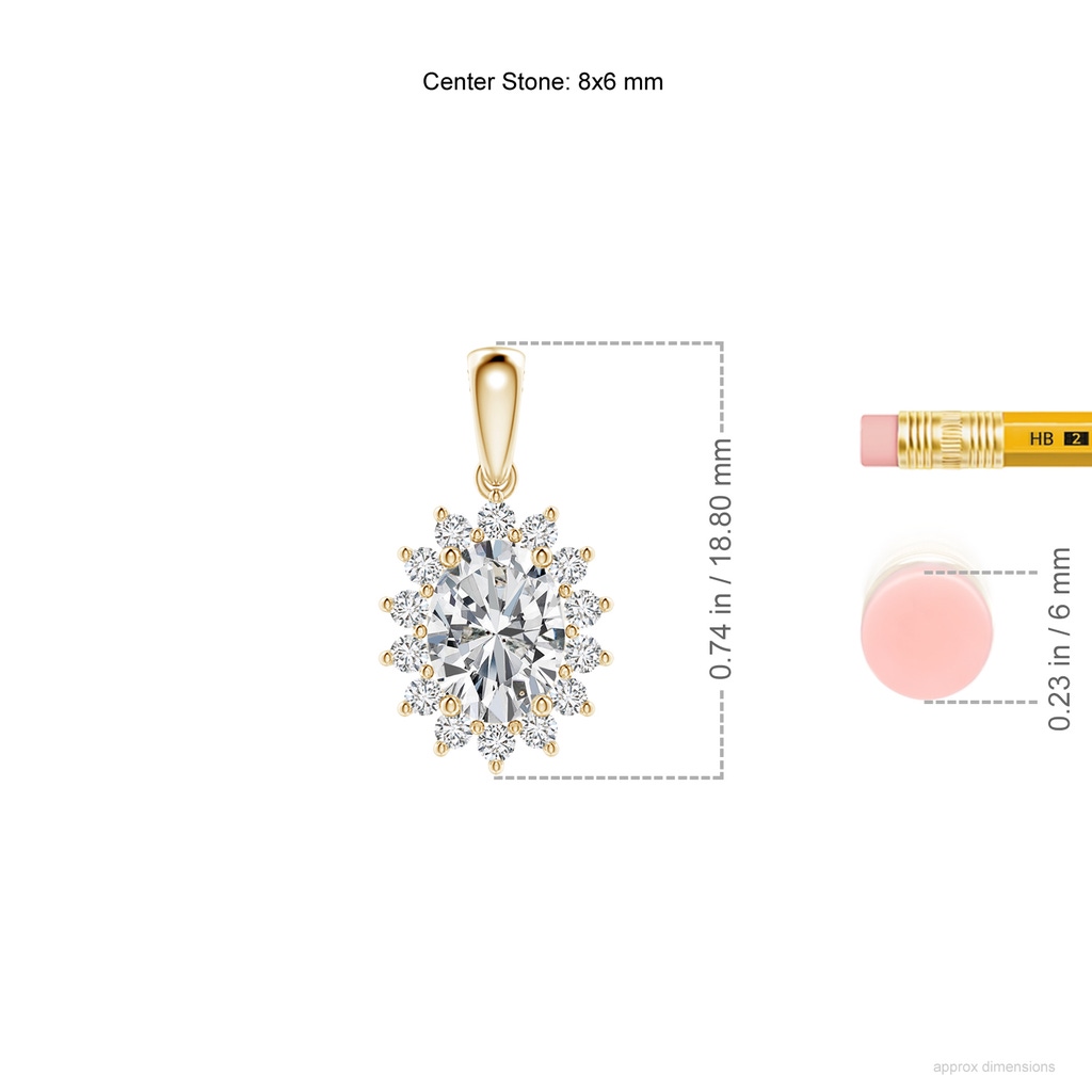 8x6mm HSI2 Oval Diamond Pendant with Floral Halo in Yellow Gold ruler