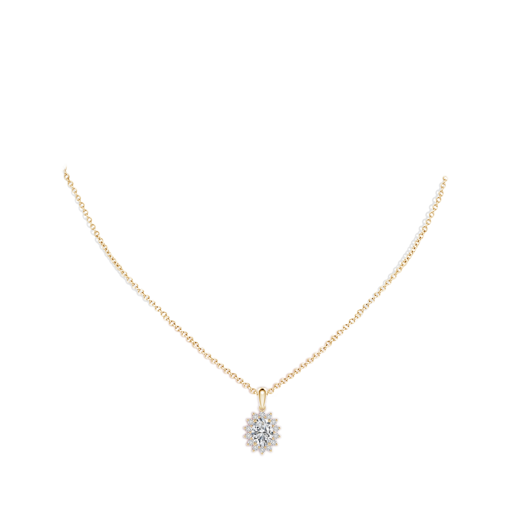8x6mm HSI2 Oval Diamond Pendant with Floral Halo in Yellow Gold pen