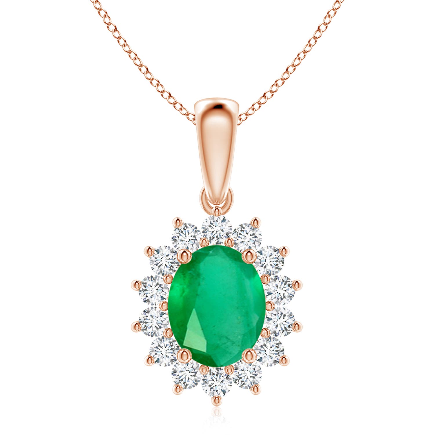 10x8mm A Oval Emerald Pendant with Floral Diamond Halo in 18CT Rose Gold