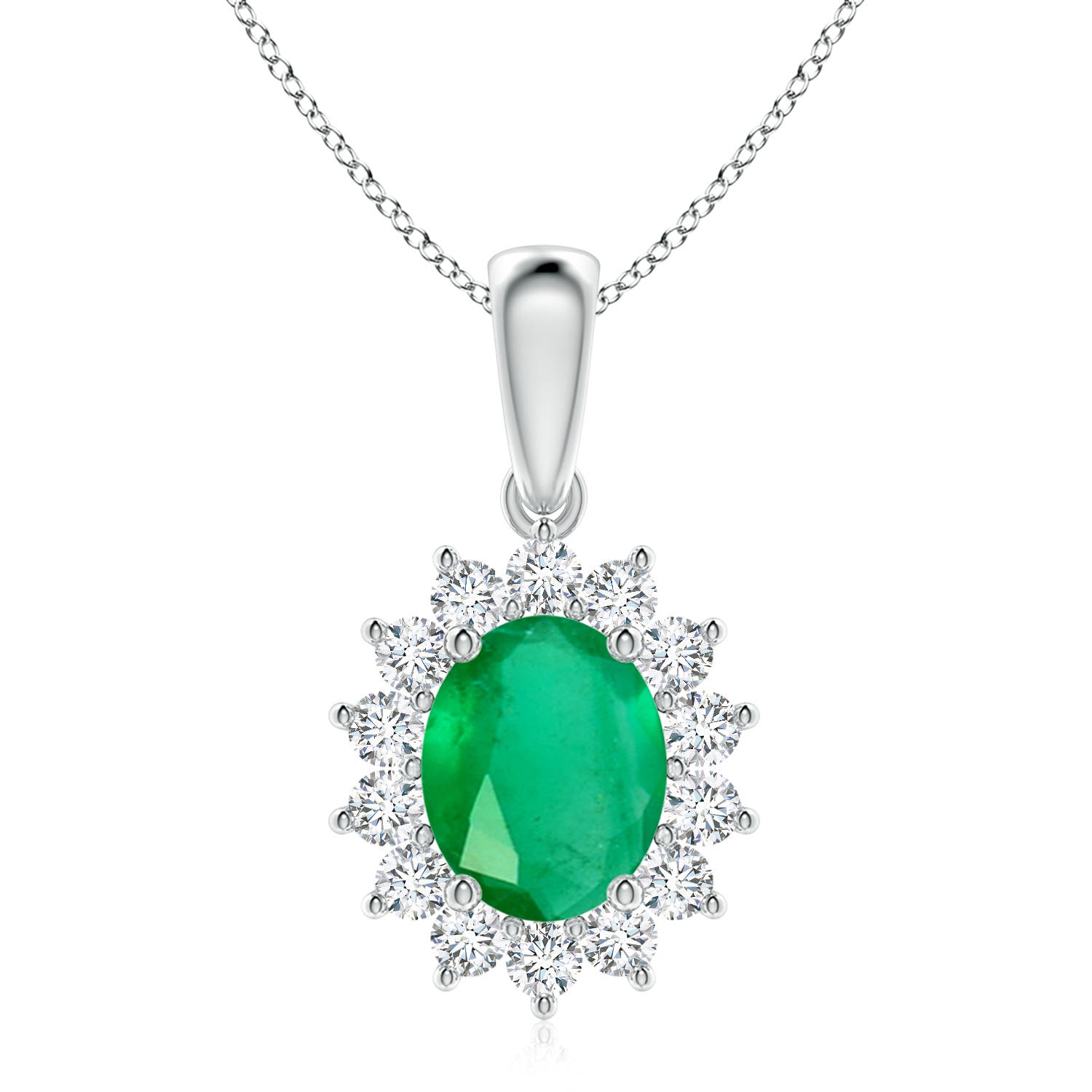 10x8mm A Oval Emerald Pendant with Floral Diamond Halo in P950 Platinum