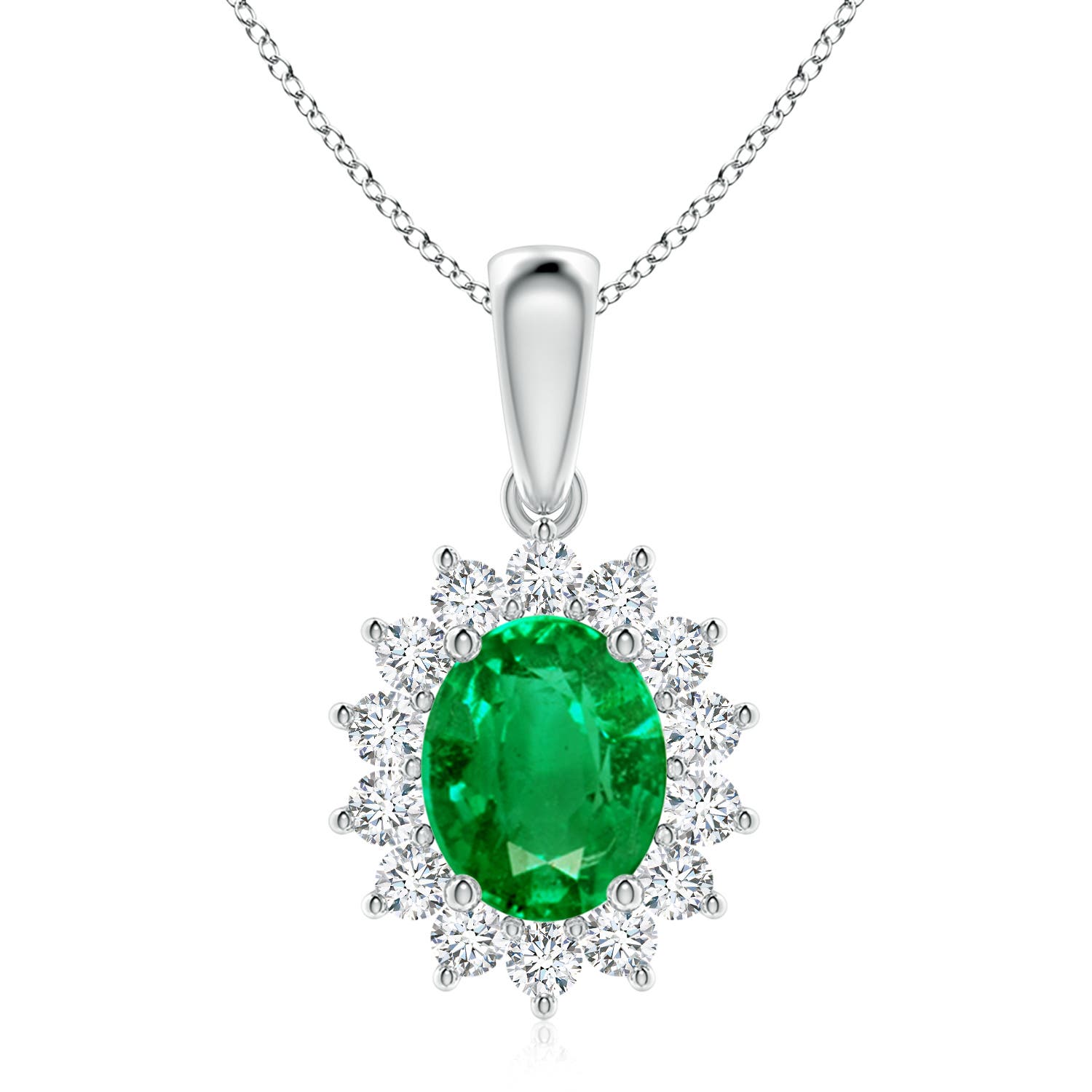 10x8mm AAA Oval Emerald Pendant with Floral Diamond Halo in P950 Platinum