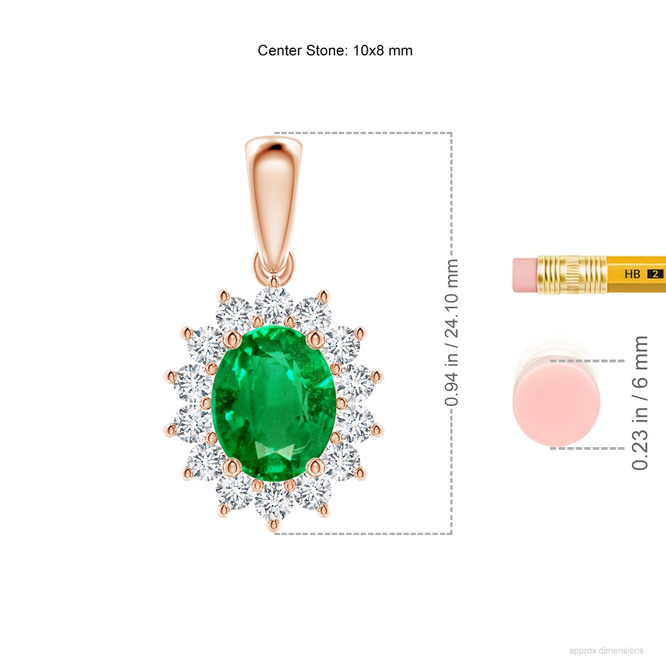 10x8mm AAA Oval Emerald Pendant with Floral Diamond Halo in Rose Gold ruler