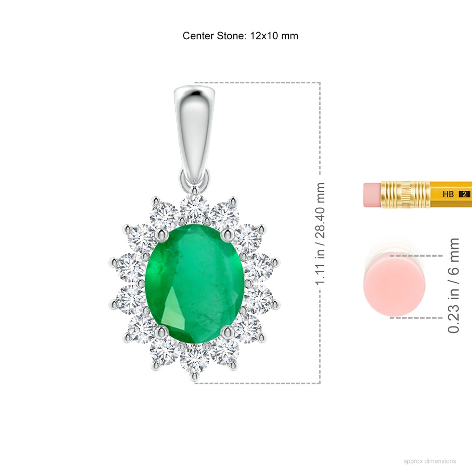 12x10mm A Oval Emerald Pendant with Floral Diamond Halo in P950 Platinum ruler