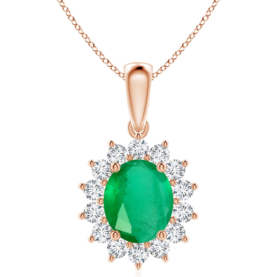 12x10mm A Oval Emerald Pendant with Floral Diamond Halo in Rose Gold 