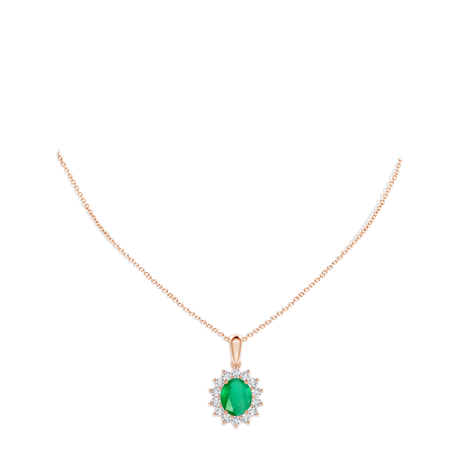 12x10mm A Oval Emerald Pendant with Floral Diamond Halo in Rose Gold pen