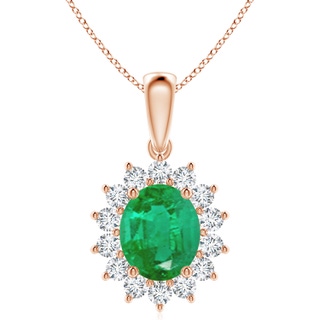 12x10mm AA Oval Emerald Pendant with Floral Diamond Halo in 9K Rose Gold