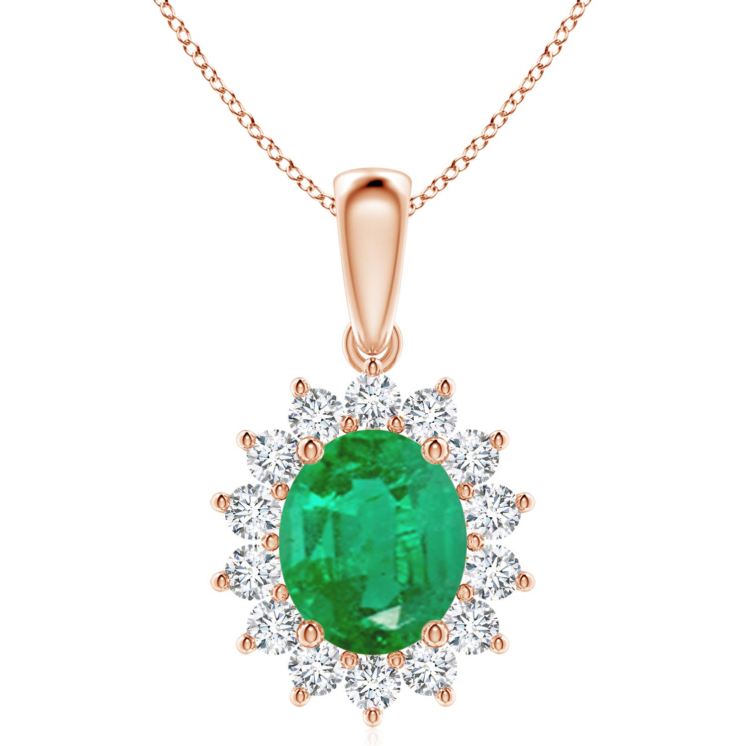 12x10mm AA Oval Emerald Pendant with Floral Diamond Halo in Rose Gold