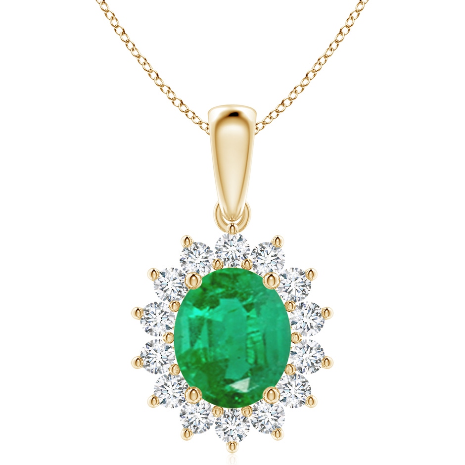 12x10mm AA Oval Emerald Pendant with Floral Diamond Halo in Yellow Gold 