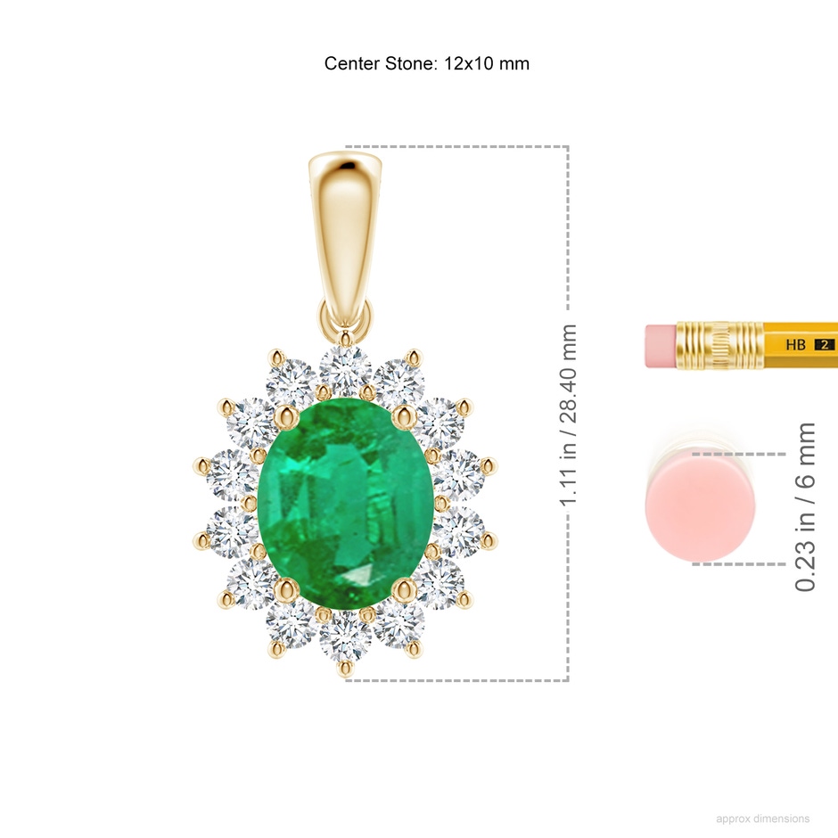 12x10mm AA Oval Emerald Pendant with Floral Diamond Halo in Yellow Gold ruler
