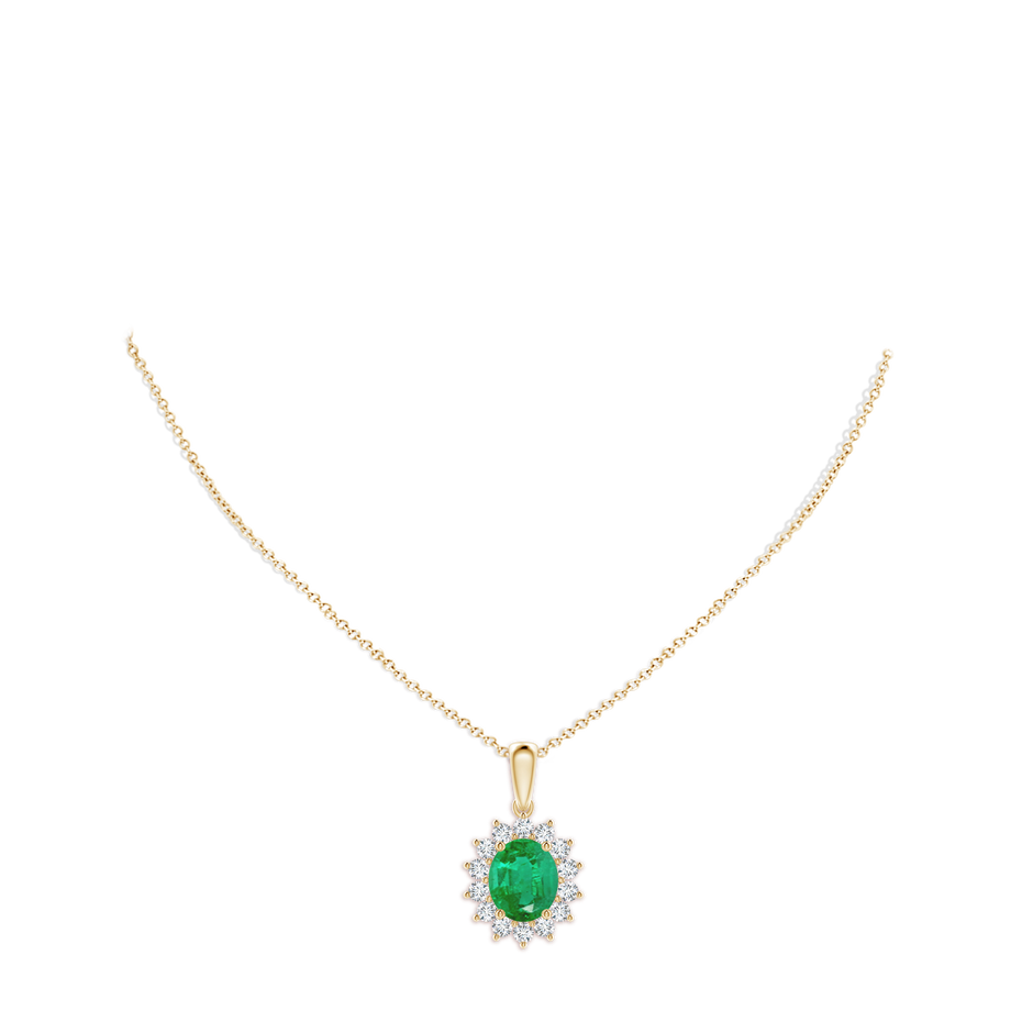 12x10mm AA Oval Emerald Pendant with Floral Diamond Halo in Yellow Gold pen