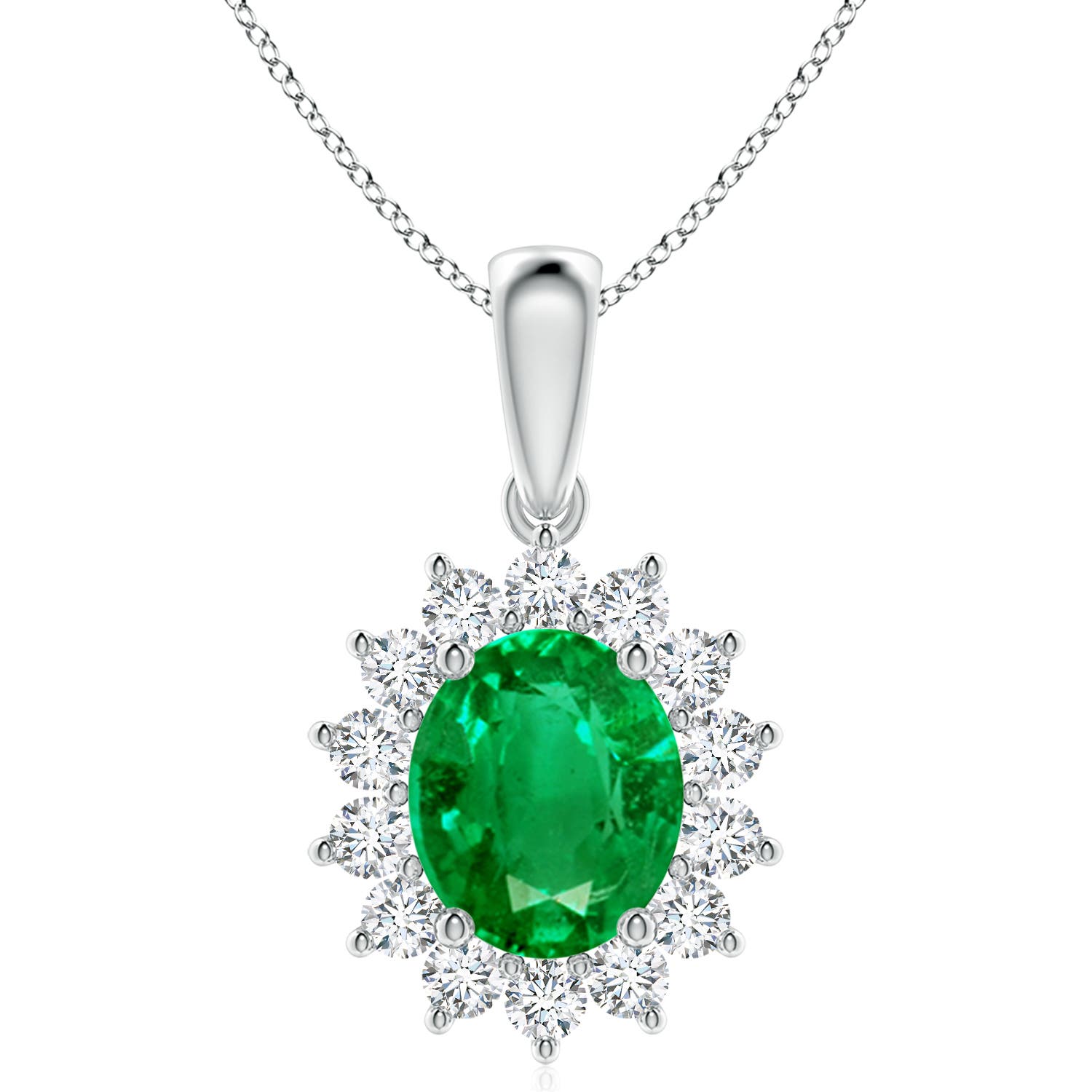 Angara 6.13 CTW Oval Emerald Pendant with Floral Diamond Halo in 18K White Gold