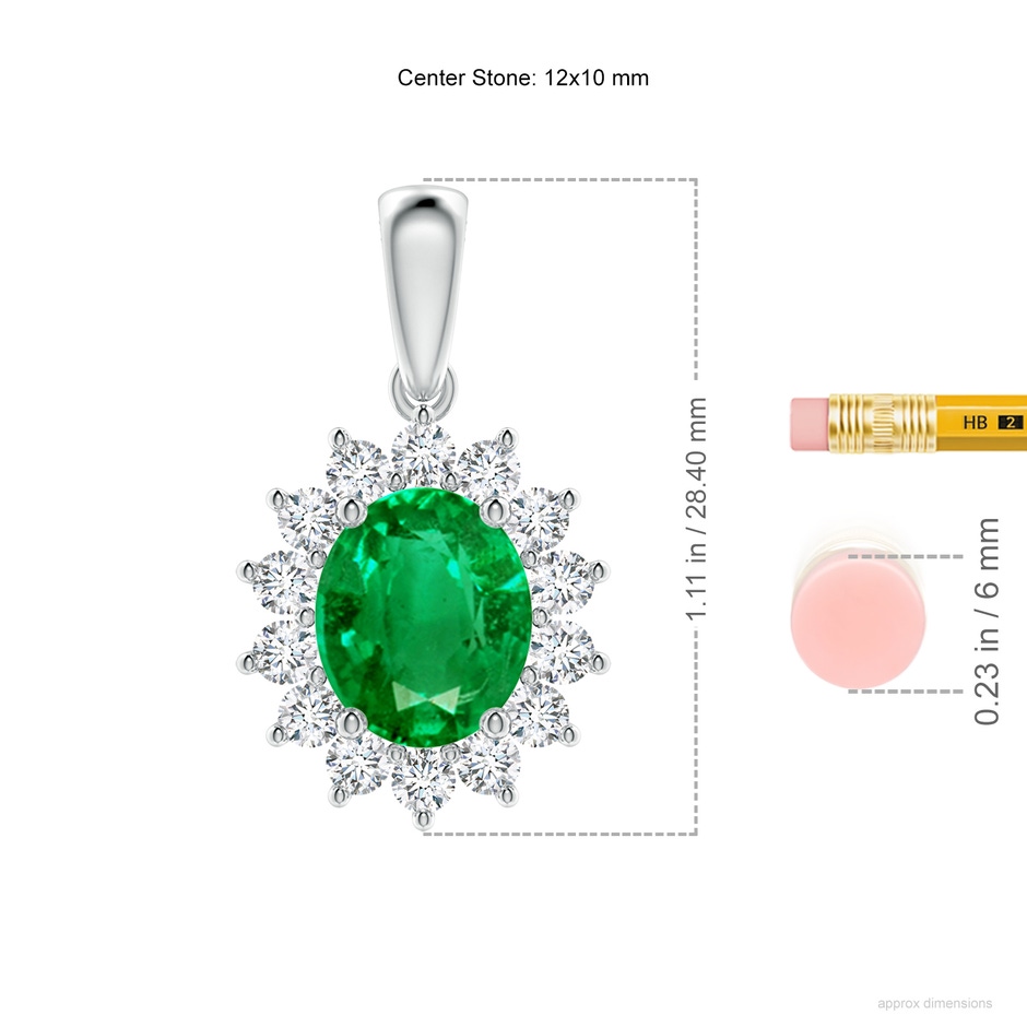 12x10mm AAA Oval Emerald Pendant with Floral Diamond Halo in P950 Platinum ruler