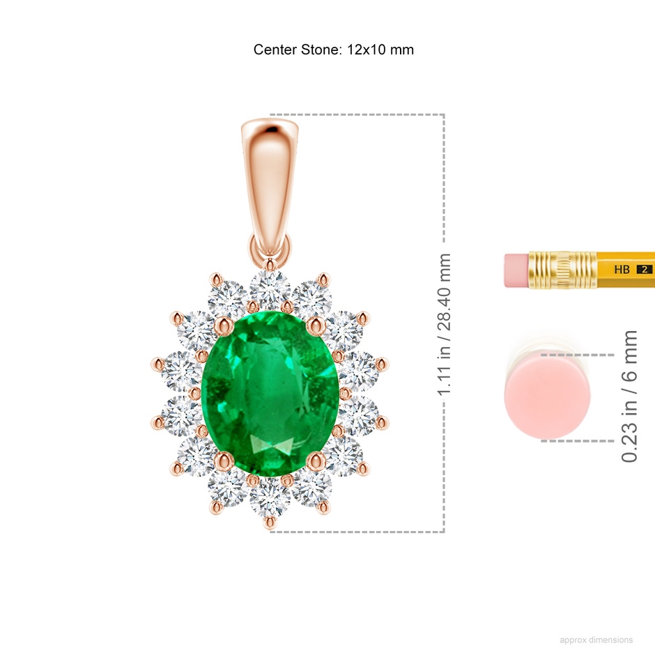 12x10mm AAA Oval Emerald Pendant with Floral Diamond Halo in Rose Gold ruler