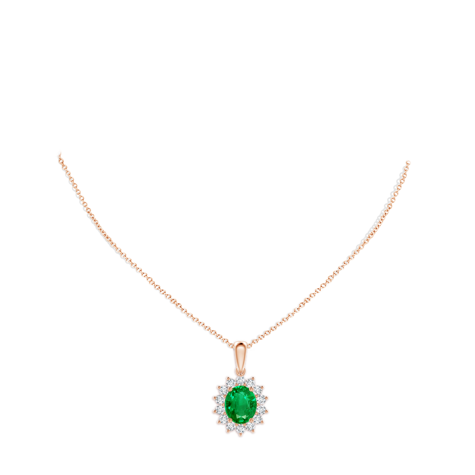 12x10mm AAA Oval Emerald Pendant with Floral Diamond Halo in Rose Gold pen