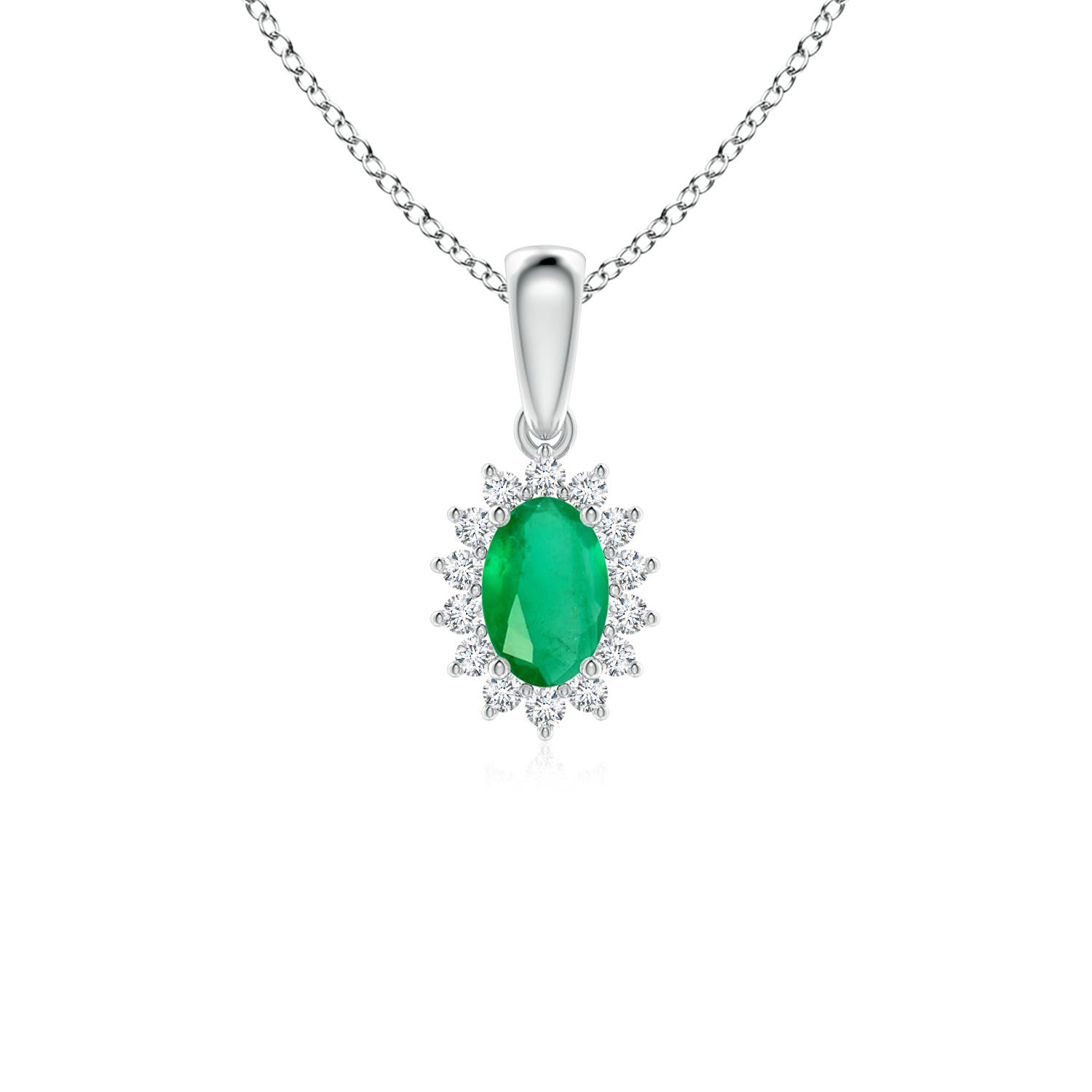 6x4mm A Oval Emerald Pendant with Floral Diamond Halo in P950 Platinum