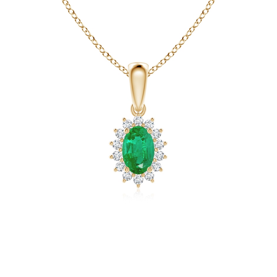 6x4mm AA Oval Emerald Pendant with Floral Diamond Halo in 9K Yellow Gold 