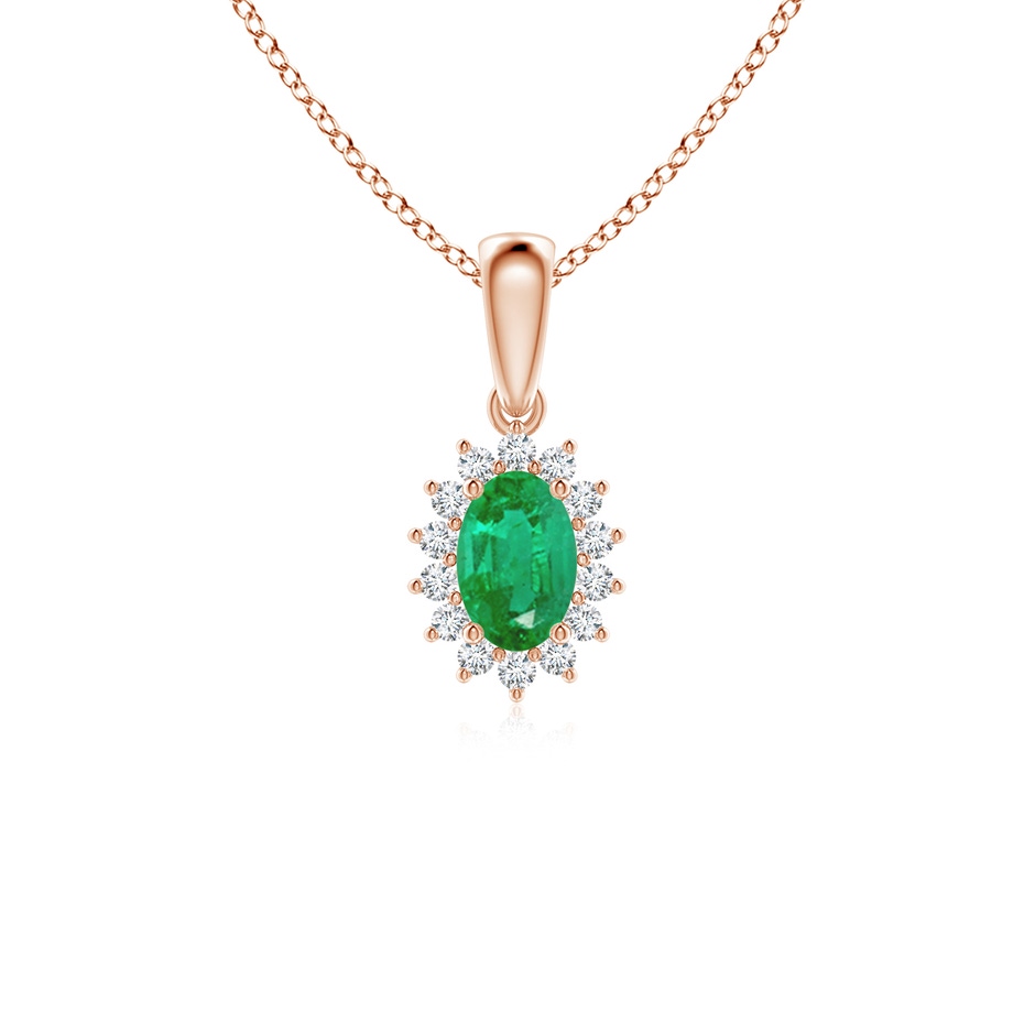 6x4mm AA Oval Emerald Pendant with Floral Diamond Halo in Rose Gold 