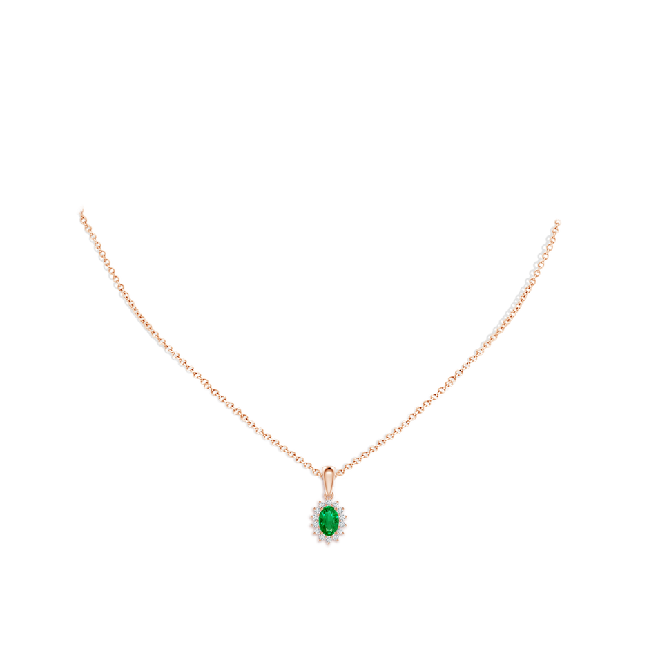 6x4mm AAA Oval Emerald Pendant with Floral Diamond Halo in Rose Gold pen