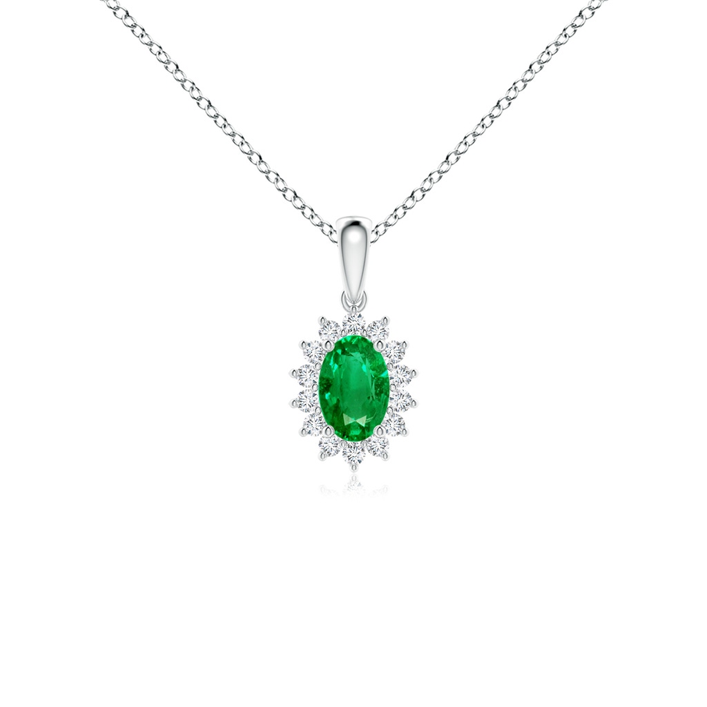6x4mm AAA Oval Emerald Pendant with Floral Diamond Halo in White Gold