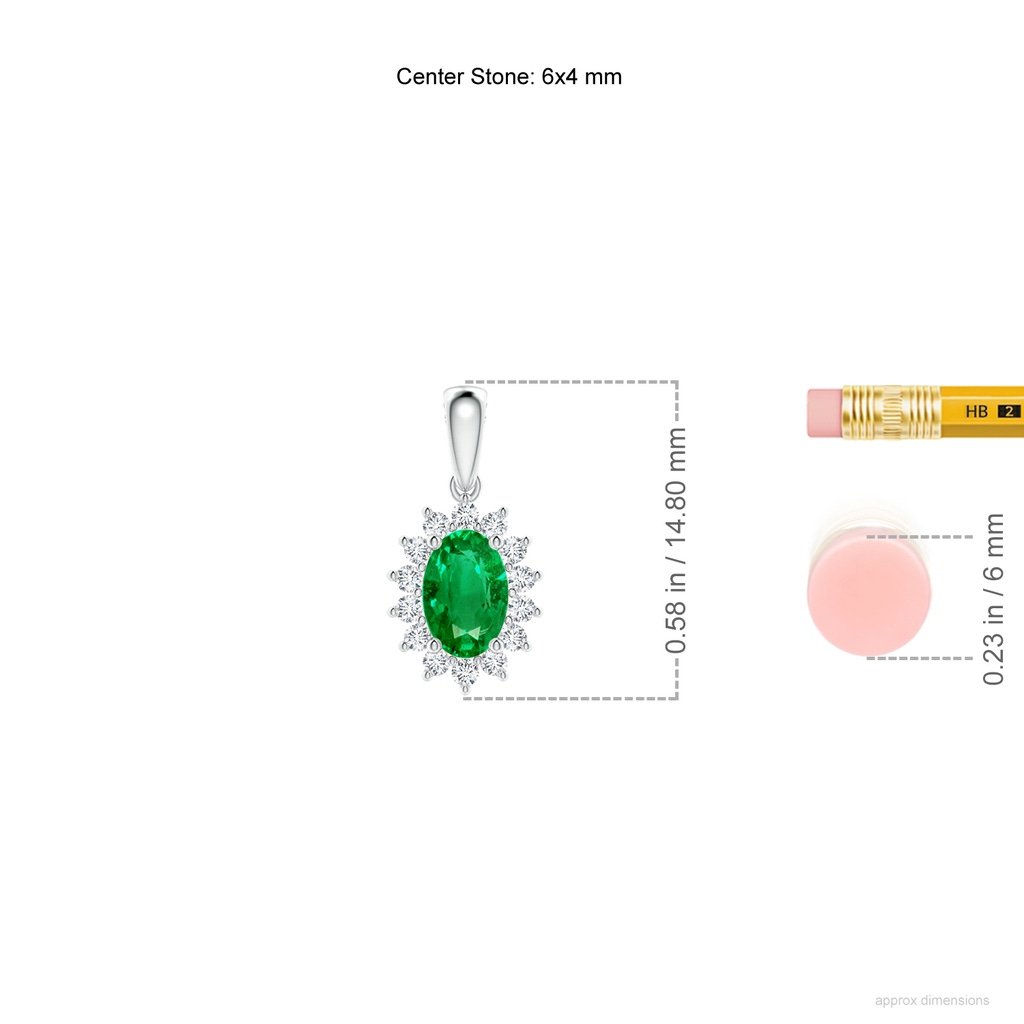 6x4mm AAA Oval Emerald Pendant with Floral Diamond Halo in White Gold ruler