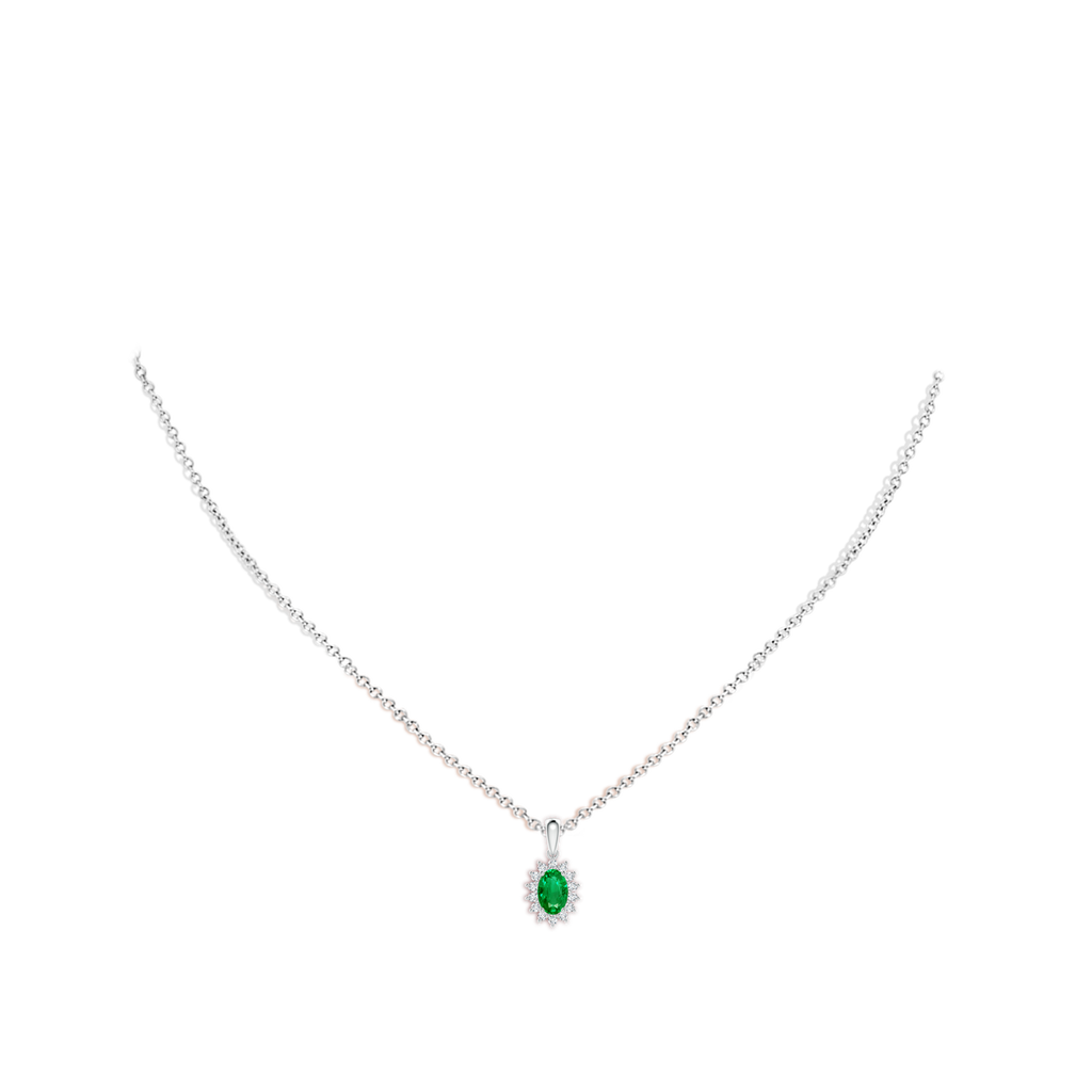 6x4mm AAA Oval Emerald Pendant with Floral Diamond Halo in White Gold pen