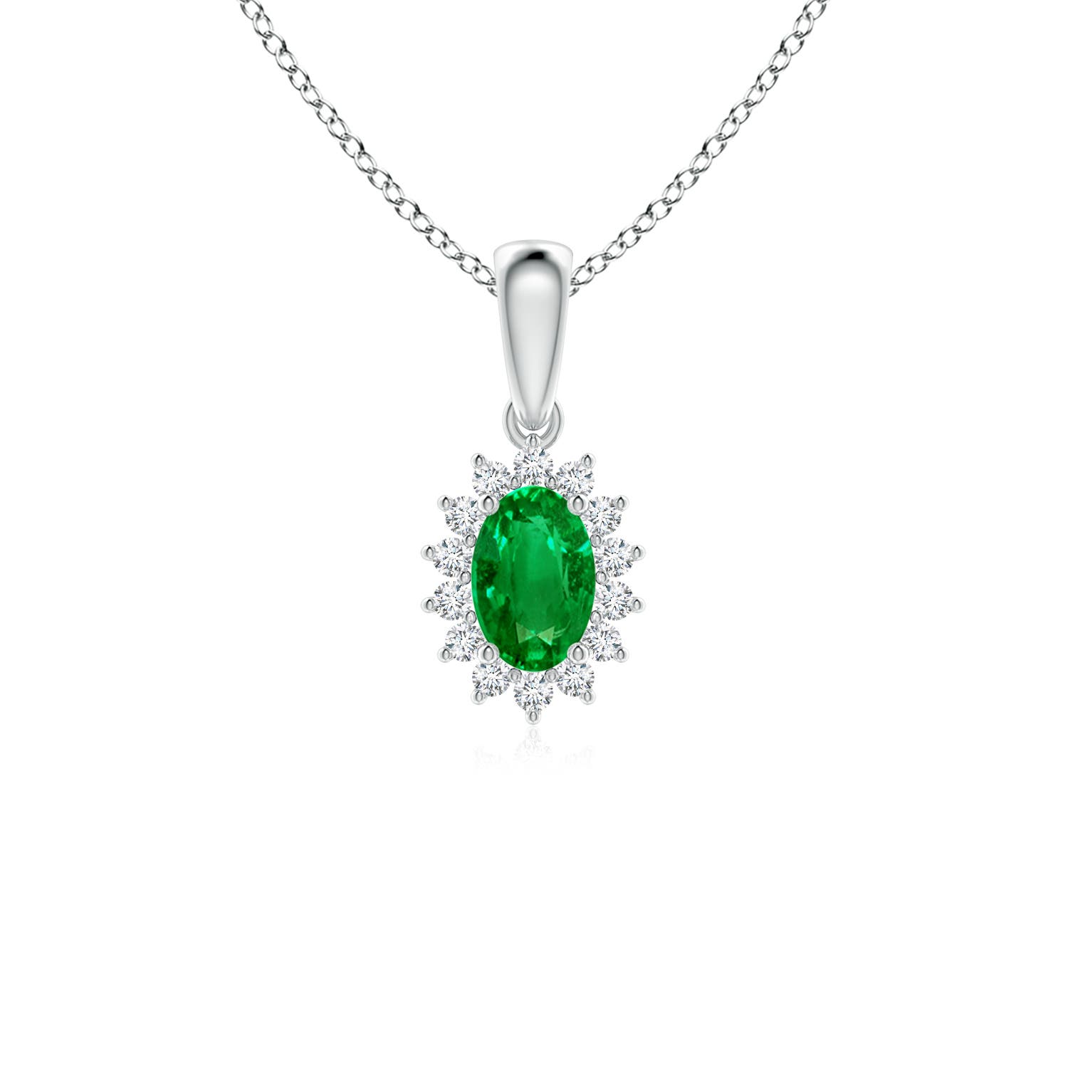 6x4mm AAAA Oval Emerald Pendant with Floral Diamond Halo in 18K White Gold