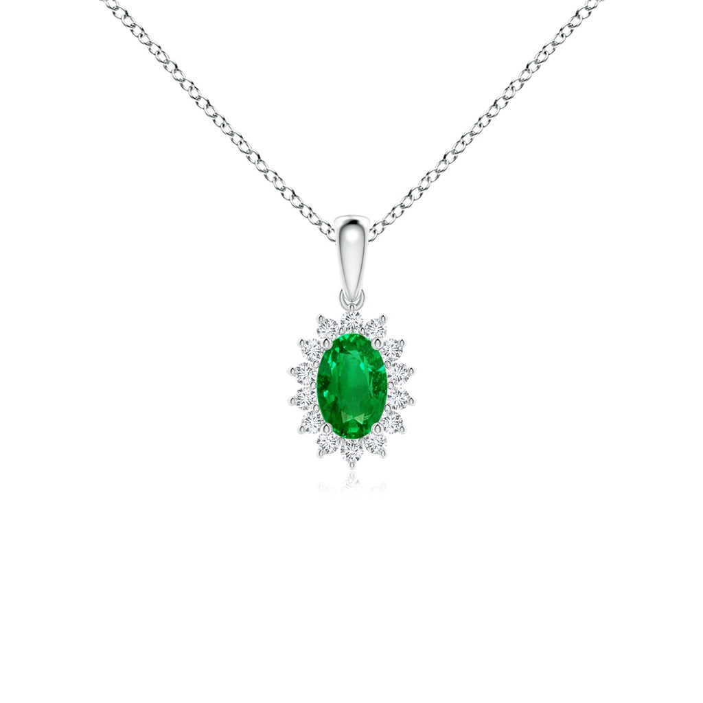 6x4mm AAAA Oval Emerald Pendant with Floral Diamond Halo in P950 Platinum