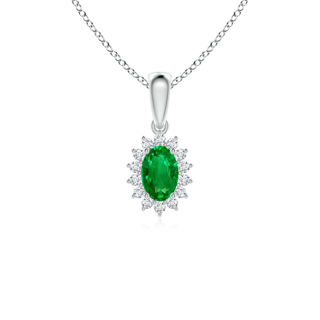 6x4mm AAAA Oval Emerald Pendant with Floral Diamond Halo in P950 Platinum