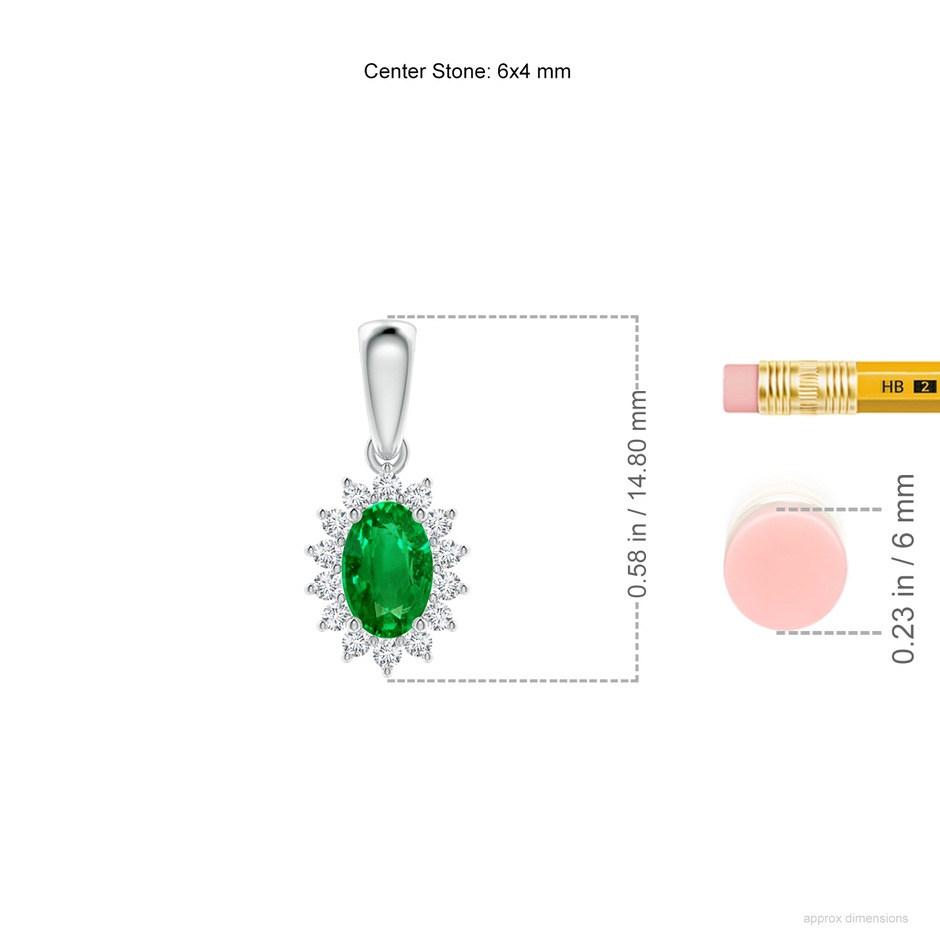 6x4mm AAAA Oval Emerald Pendant with Floral Diamond Halo in P950 Platinum ruler