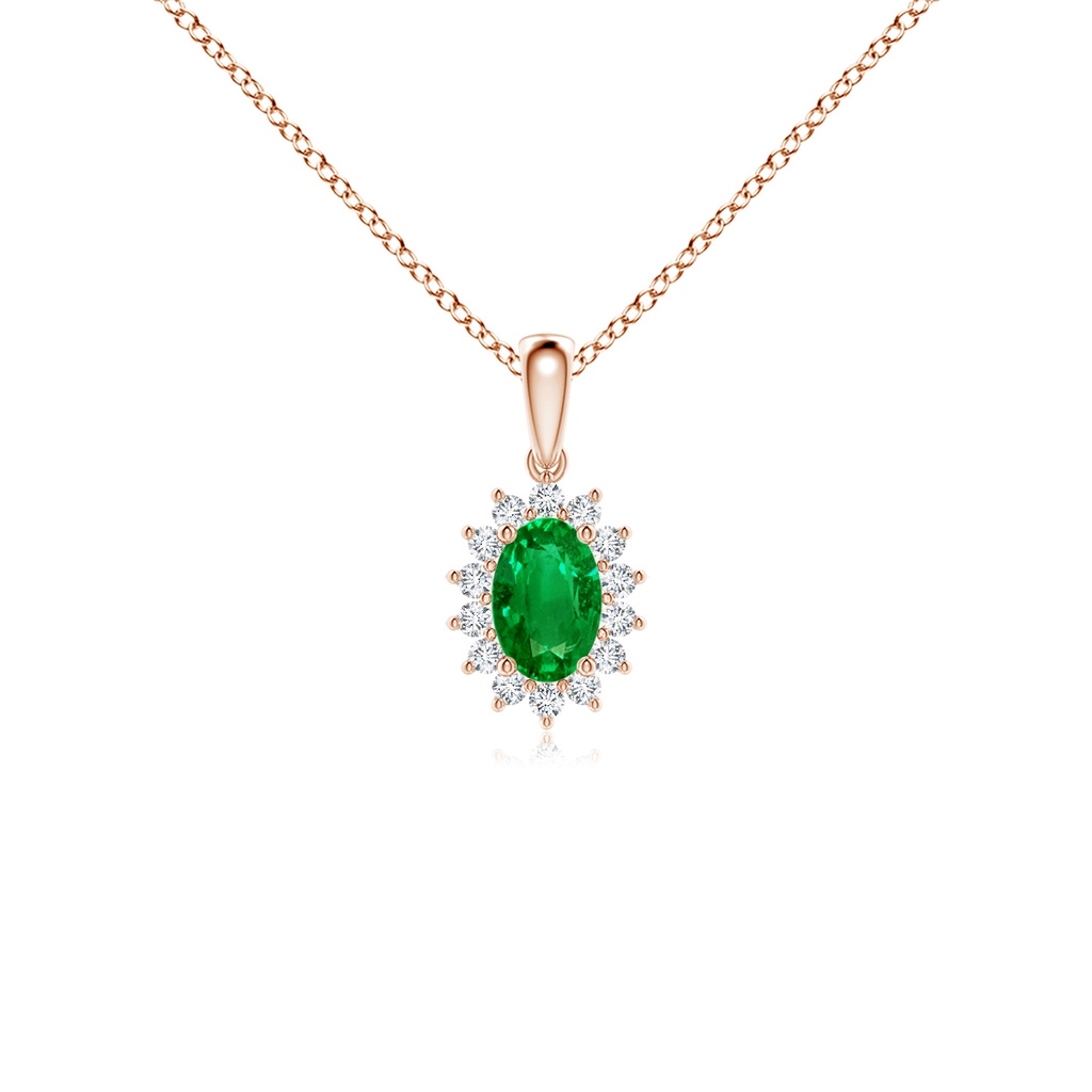 6x4mm AAAA Oval Emerald Pendant with Floral Diamond Halo in Rose Gold