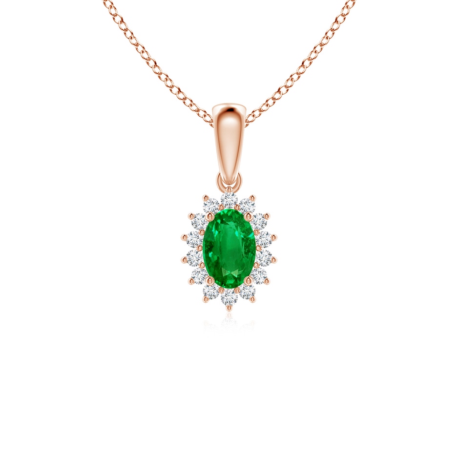 6x4mm AAAA Oval Emerald Pendant with Floral Diamond Halo in Rose Gold 