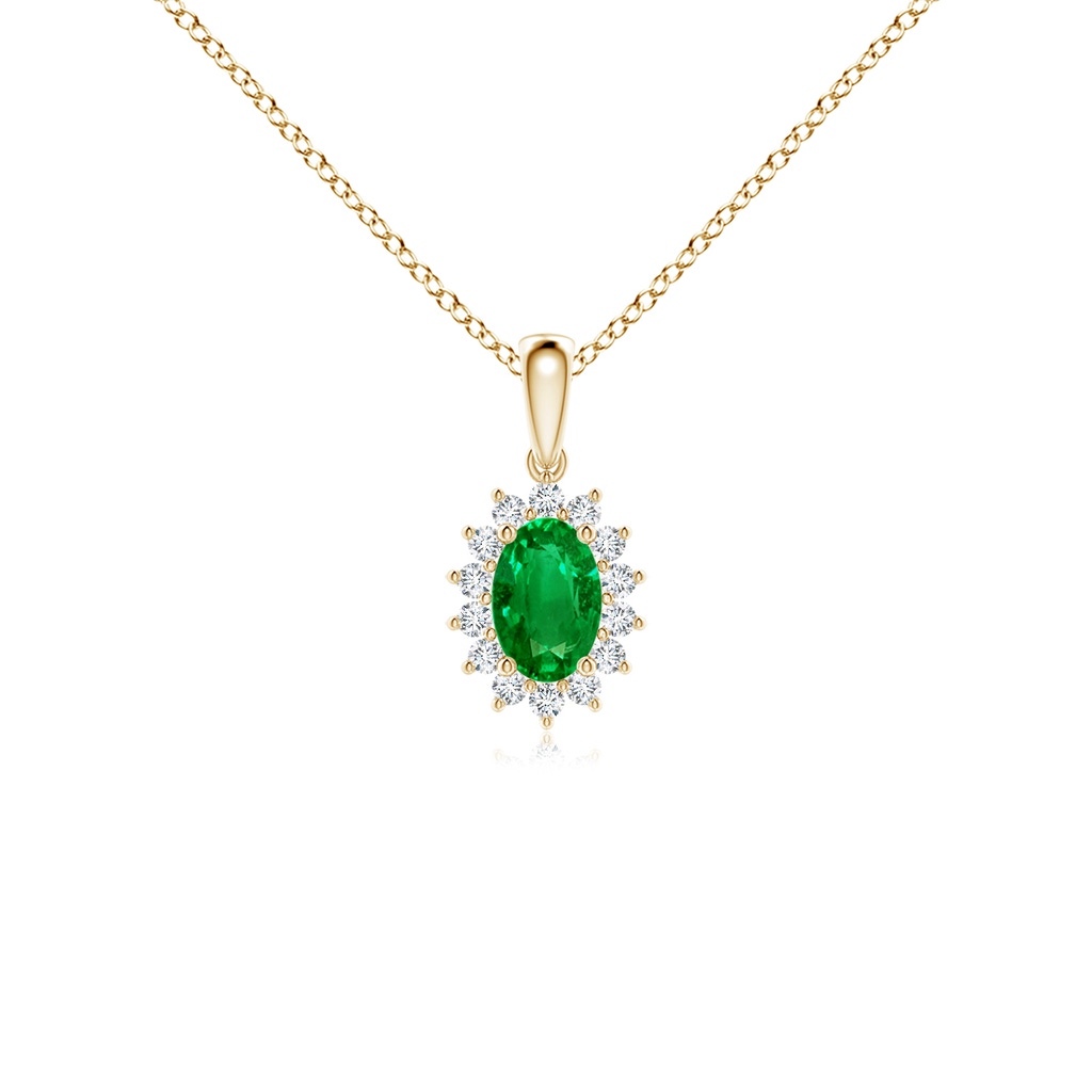 6x4mm AAAA Oval Emerald Pendant with Floral Diamond Halo in Yellow Gold