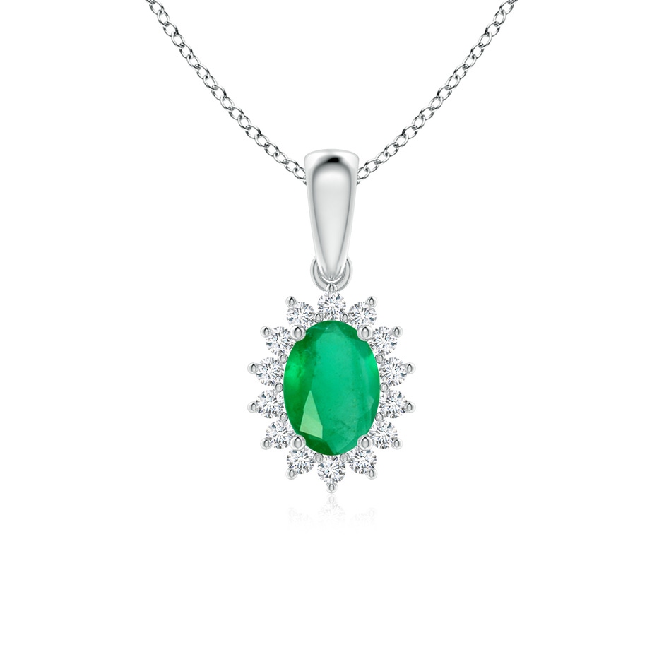 7x5mm A Oval Emerald Pendant with Floral Diamond Halo in White Gold 